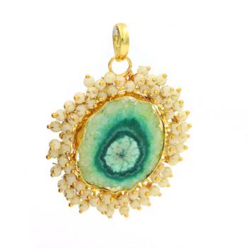 Pearl Pendant Gold Plated with solar - Classic Elegance and Earthy Charm
